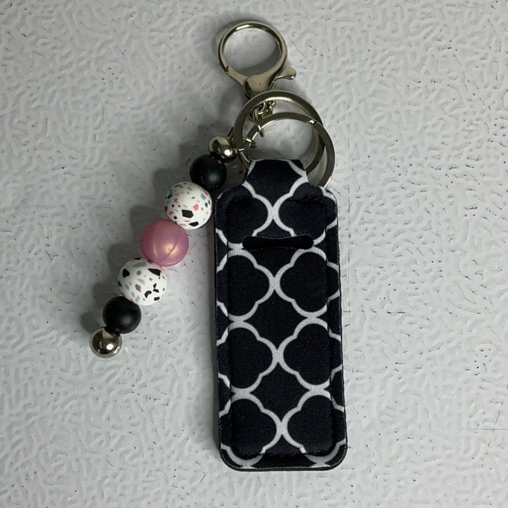 Black and White Patterned Keychain with Beaded Accent